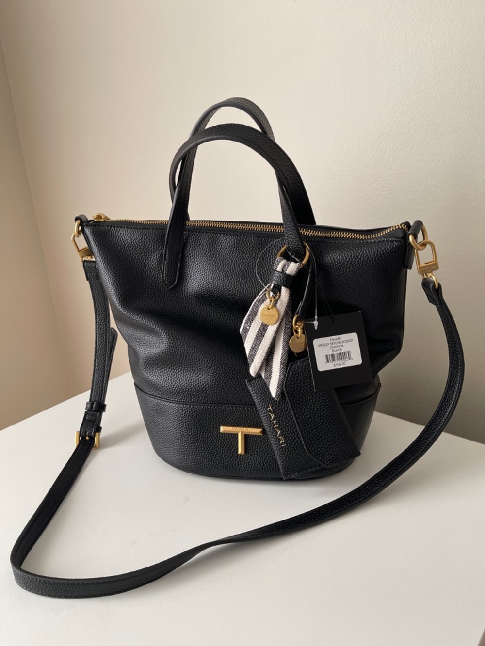 NWT...Tahari Black Pebbled Leather Shoulder Tote with Gold Hardware